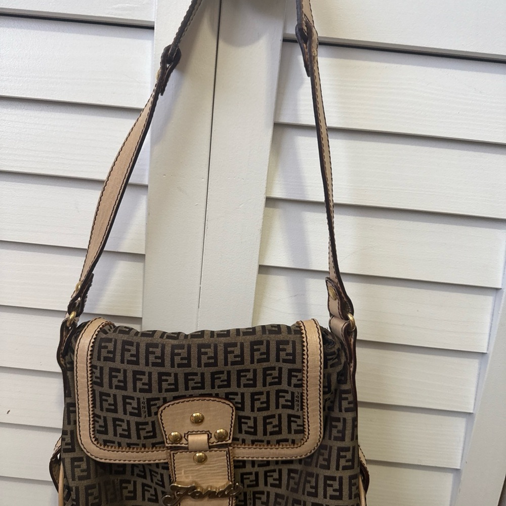 Fendi Tan and Brown Monogram Shoulder Bag with Gold Clasp
